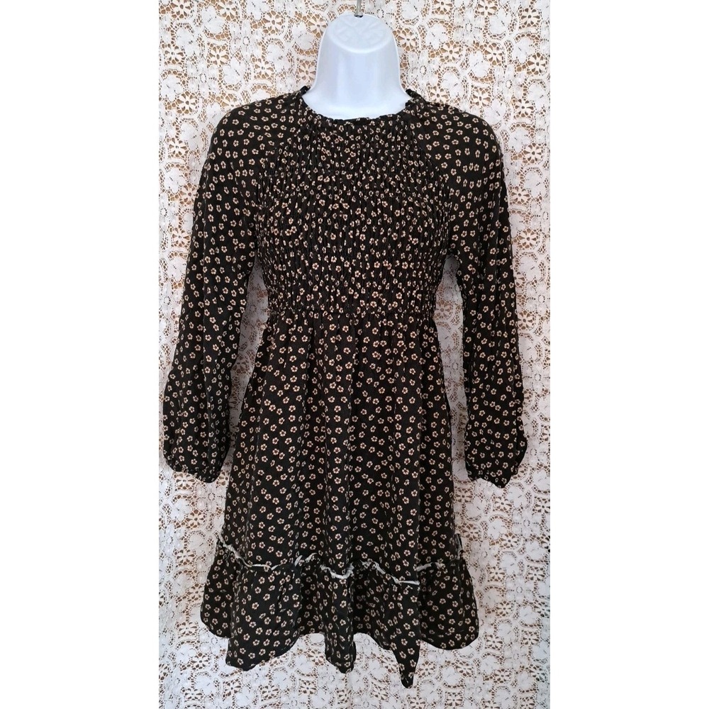 Zara Mini Dress Junior Sz. 13-14 Black Floral Smocked Front Long Sleeve Babydoll - Picture 2 of 10